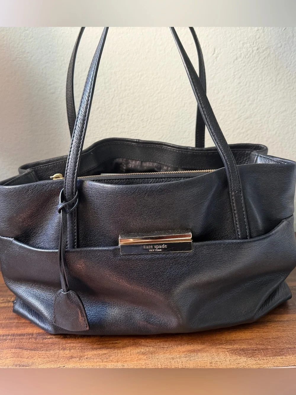 kate spade Black Leather Shoulder Bag with Gold Plate